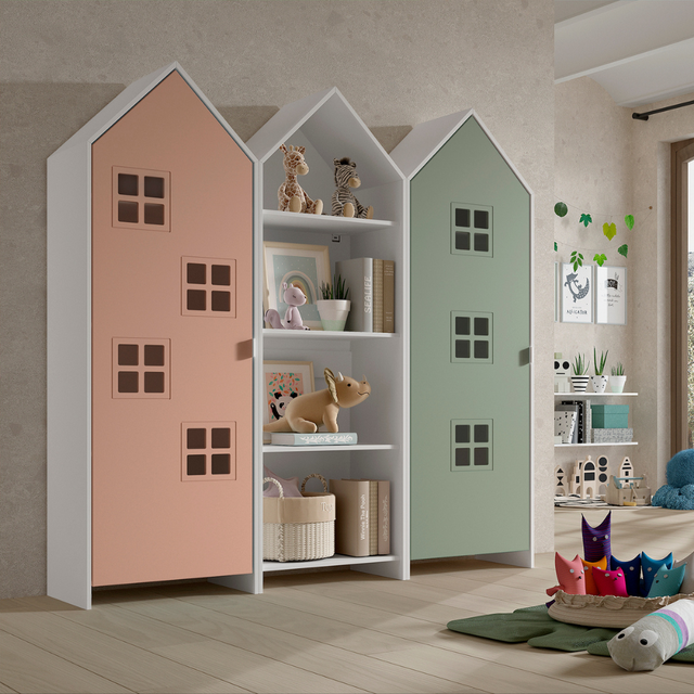 The Casami Kids 2 & 1 Open Door Window Wardrobe Set in Blush Peach & Mint Green features playful beach hut design, three shelves, MDF and a hanging rail