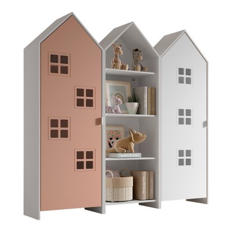 The Casami Kids 2 & 1 Open Door Window Wardrobe Set in Blush Peach & Satin White features playful beach hut design, three shelves, MDF and a hanging rail
