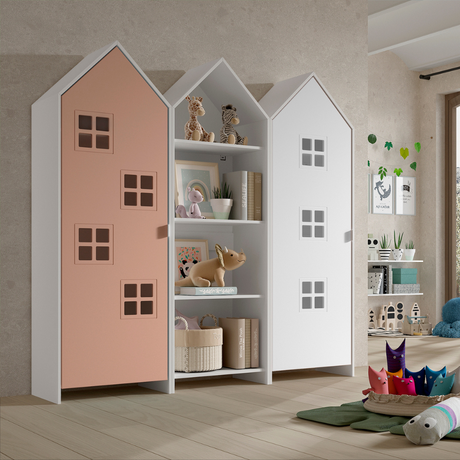 The Casami Kids 2 & 1 Open Door Window Wardrobe Set in Blush Peach & Satin White features playful beach hut design, three shelves, MDF and a hanging rail