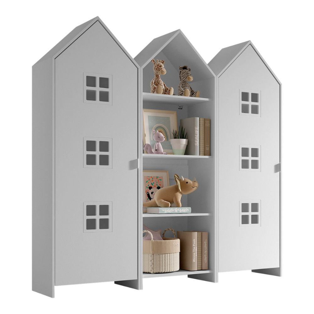 The Casami Kids 2 & 1 Open Door Window Wardrobe Set in Satin White features playful beach hut design, three shelves, MDF and a hanging rail
