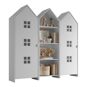 The Casami Kids 2 & 1 Open Door Window Wardrobe Set in Satin White features playful beach hut design, three shelves, MDF and a hanging rail