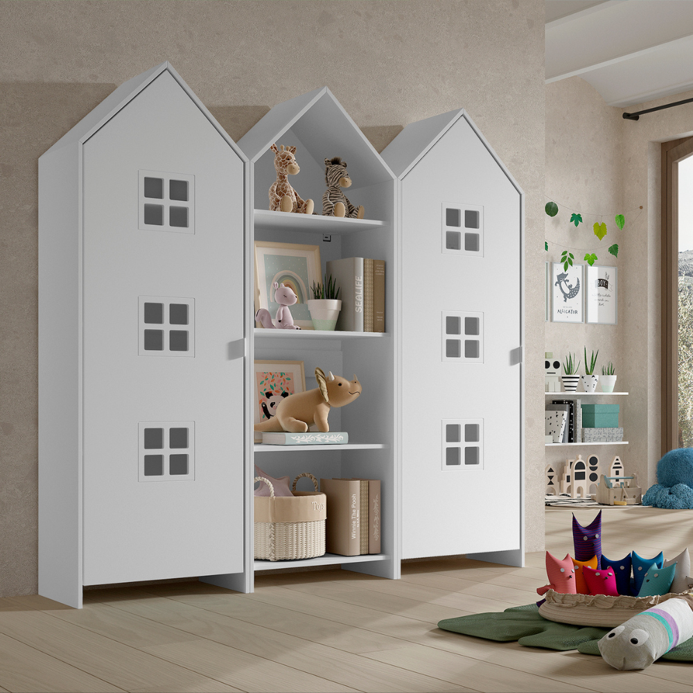 The Casami Kids 2 & 1 Open Door Window Wardrobe Set in Satin White features playful beach hut design, three shelves, MDF and a hanging rail