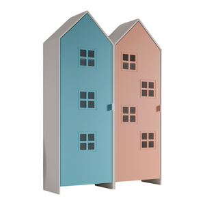 The Casami Kids 2 Door Window Wardrobe Set in Ballet Blue & Blush Peach features beach house style with shelves and rails, lacquered finish and MDF material