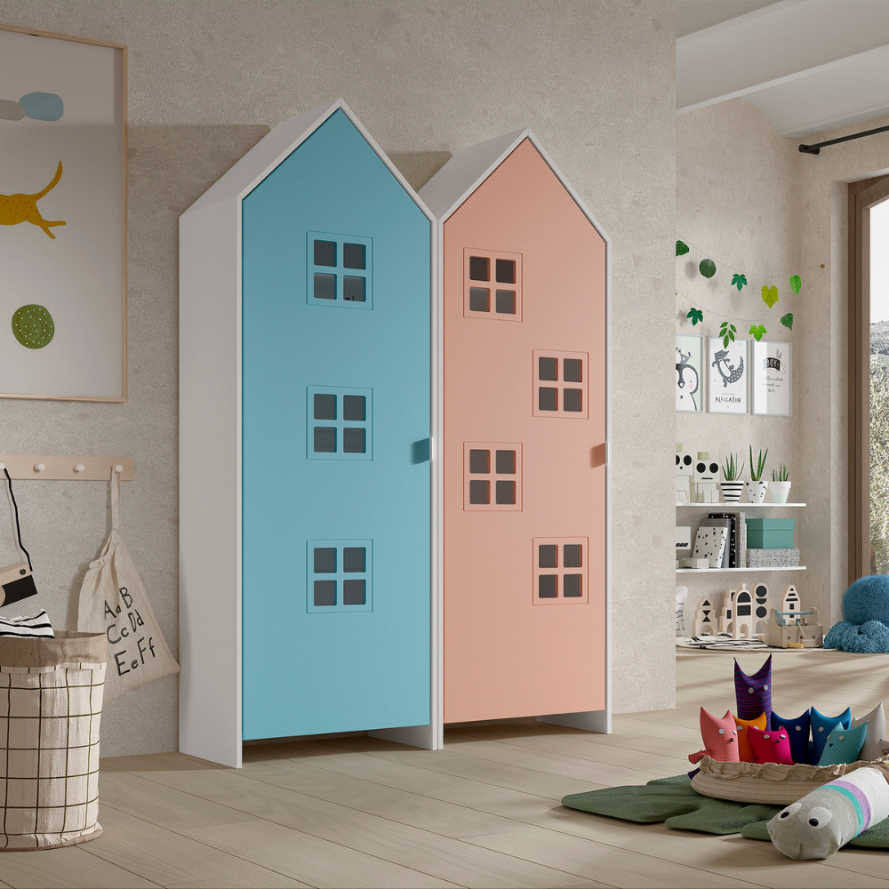 The Casami Kids 2 Door Window Wardrobe Set in Ballet Blue & Blush Peach features beach house style with shelves and rails, lacquered finish and MDF material