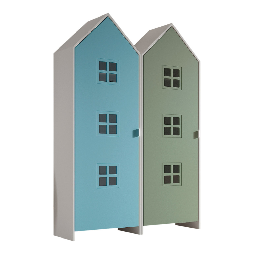 The Casami Kids 2 Door Window Wardrobe Set in Ballet Blue & Mint Green features beach house style with rails, lacquered finish and MDF material