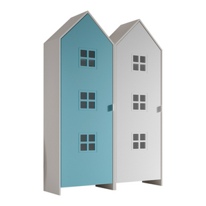 The Casami Kids 2 Door Window Wardrobe Set in Ballet Blue & Satin White features beach house style with lacquered finish, MDF material, shelves and rails