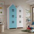The Casami Kids 2 Door Window Wardrobe Set in Ballet Blue & Satin White features beach house style with lacquered finish, MDF material, shelves and rails