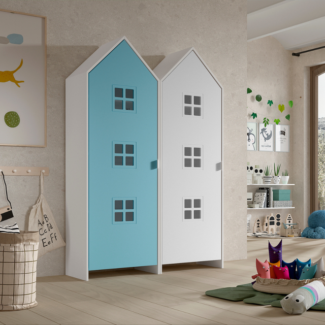The Casami Kids 2 Door Window Wardrobe Set in Ballet Blue & Satin White features beach house style with lacquered finish, MDF material, shelves and rails