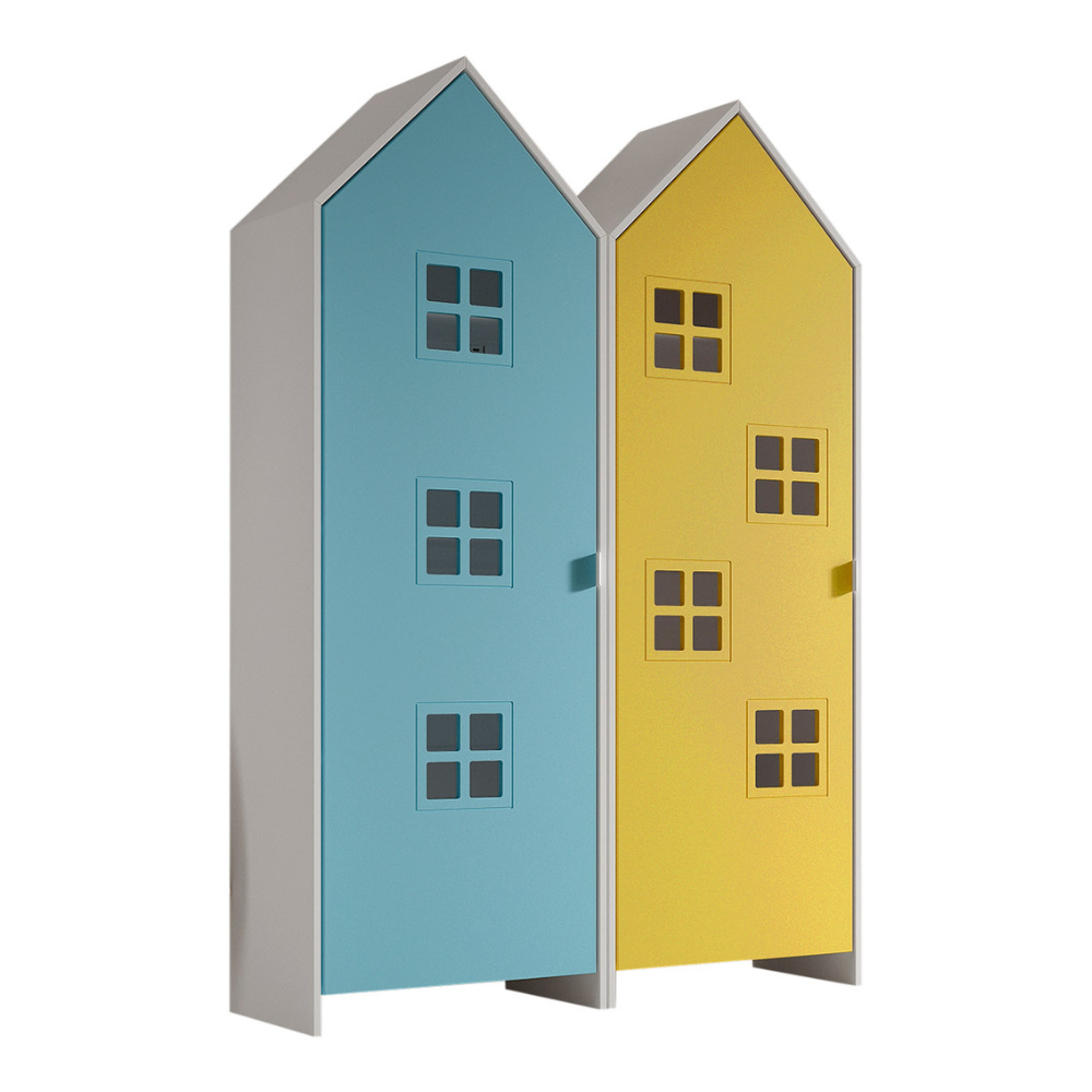 The Casami Kids 2 Door Window Wardrobe Set in Ballet Blue & Sunbeam Yellow features beach house style with 3 shelves, lacquered finish and MDF material