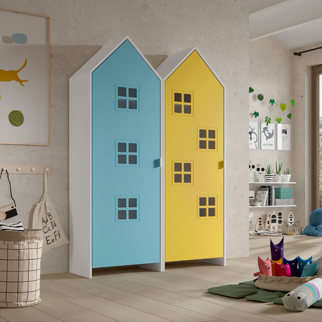 The Casami Kids 2 Door Window Wardrobe Set in Ballet Blue & Sunbeam Yellow features beach house style with 3 shelves, lacquered finish and MDF material