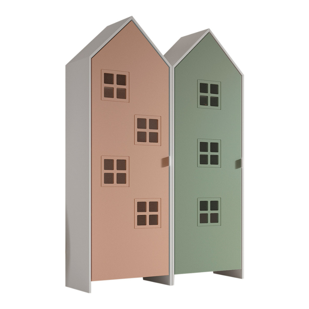 The Casami Kids 2 Door Window Wardrobe Set in Blush Peach & Mint Green features beach house style with rails, shelves, lacquered finish and MDF material