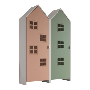 The Casami Kids 2 Door Window Wardrobe Set in Blush Peach & Mint Green features beach house style with rails, shelves, lacquered finish and MDF material
