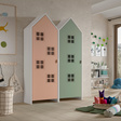 The Casami Kids 2 Door Window Wardrobe Set in Blush Peach & Mint Green features beach house style with rails, shelves, lacquered finish and MDF material