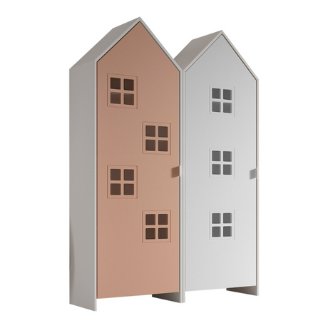 The Casami Kids 2 Door Window Wardrobe Set in Blush Peach & Satin White features beach house style with MDF material, shelves and rails and lacquered finish