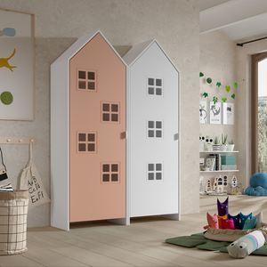 The Casami Kids 2 Door Window Wardrobe Set in Blush Peach & Satin White features beach house style with MDF material, shelves and rails and lacquered finish
