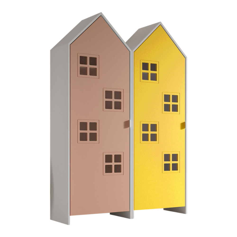 The Casami Kids 2 Door Window Wardrobe Set in Blush Peach & Sunbeam Yellow features beach house style with shelves, rails, lacquered finish and MDF material