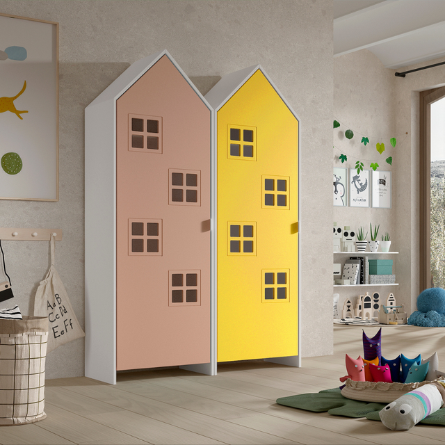 The Casami Kids 2 Door Window Wardrobe Set in Blush Peach & Sunbeam Yellow features beach house style with shelves, rails, lacquered finish and MDF material
