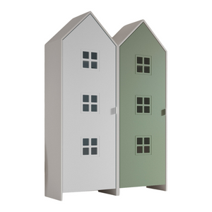 The Casami Kids 2 Door Window Wardrobe Set in Satin White & Mint Green offers a beach house style with lacquered finish, rails, shelves and MDF material