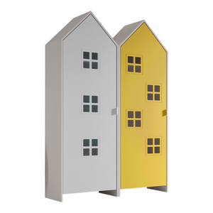 The Casami Kids 2 Door Window Wardrobe Set in Satin White & Sunbeam Yellow features beach house style with lacquered finish, rails, shelves and MDF material