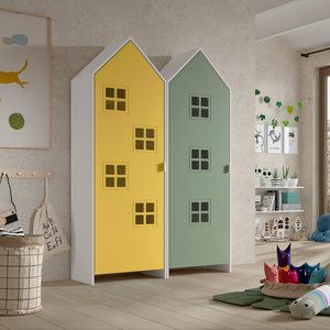 The Casami Kids 2 Door Window Wardrobe Set in Sunbeam Yellow & Mint Green offers a beach house style with lacquered finish, rails, shelves and MDF material