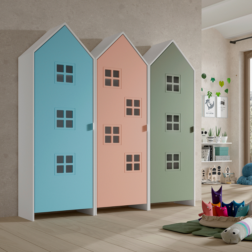 The Casami Kids 3 Door Window Wardrobe Set in Ballet Blue, Blush Peach & Mint Green provides charm, storage & durability, where fun meets functionality