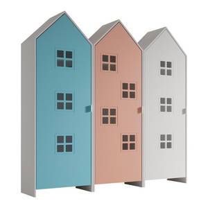The Casami Kids 3 Door Window Wardrobe Set in Ballet Blue, Blush Peach & Satin White provides charm, storage and durability, where fun meets functionality