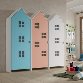 The Casami Kids 3 Door Window Wardrobe Set in Ballet Blue, Blush Peach & Satin White provides charm, storage and durability, where fun meets functionality