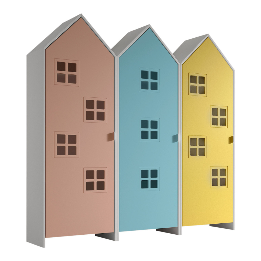 The Casami Kids 3 Door Window Wardrobe Set in Ballet Blue, Blush Peach & Sunbeam Yellow provides charm, storage & durability, where fun meets functionality