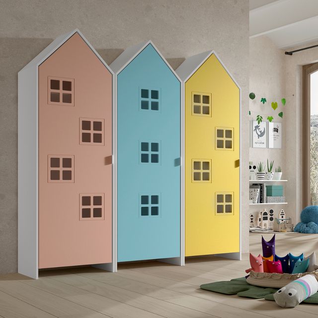 The Casami Kids 3 Door Window Wardrobe Set in Ballet Blue, Blush Peach & Sunbeam Yellow provides charm, storage & durability, where fun meets functionality