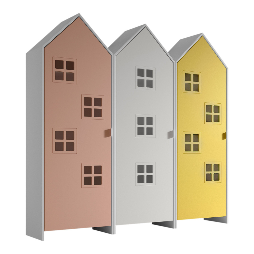 The Casami Kids 3 Door Window Wardrobe Set in Blush Peach, Satin White & Sunbeam Yellow provides storage, durability & charm, where fun meets functionality