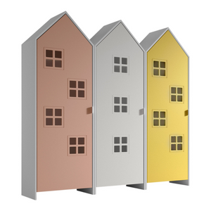 The Casami Kids 3 Door Window Wardrobe Set in Blush Peach, Satin White & Sunbeam Yellow provides storage, durability & charm, where fun meets functionality