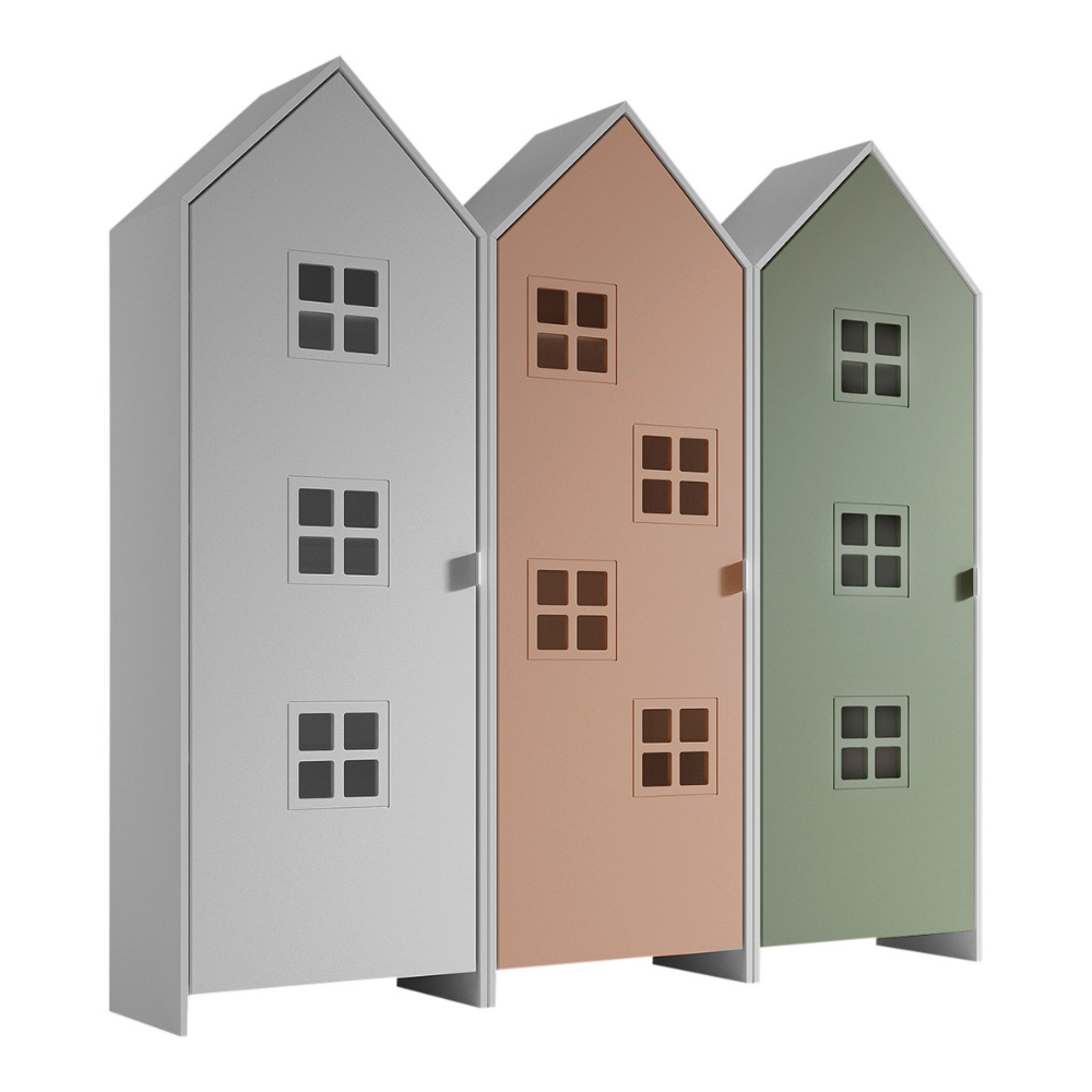 The Casami Kids 3 Door Window Wardrobe Set in Satin White, Blush Peach & Mint Green provides charm, storage & durability, where fun meets functionality