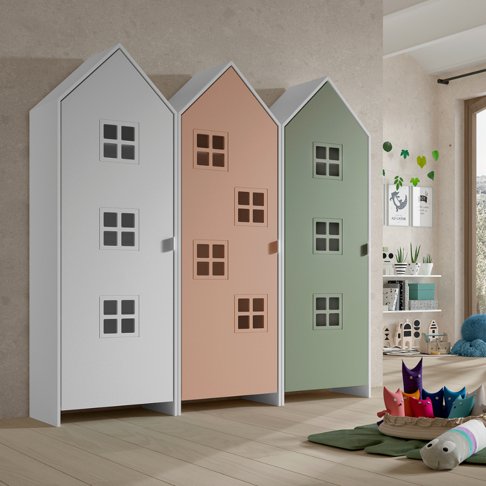 The Casami Kids 3 Door Window Wardrobe Set in Satin White, Blush Peach & Mint Green provides charm, storage & durability, where fun meets functionality