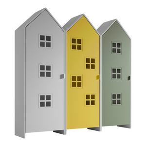 The Casami Kids 3 Door Window Wardrobe Set in Satin White, Sunbeam Yellow & Mint Green provides charm, storage & durability, where fun meets functionality