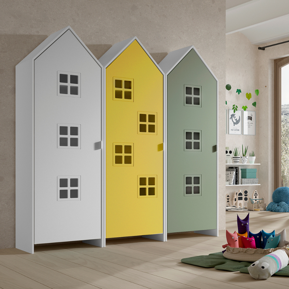 The Casami Kids 3 Door Window Wardrobe Set in Satin White, Sunbeam Yellow & Mint Green provides charm, storage & durability, where fun meets functionality