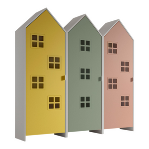 The Casami Kids 3 Door Window Wardrobe Set in Sunbeam Yellow, Mint Green & Blush Peach provides charm, storage & durability, where fun meets functionality