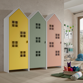 The Casami Kids 3 Door Window Wardrobe Set in Sunbeam Yellow, Mint Green & Blush Peach provides charm, storage & durability, where fun meets functionality