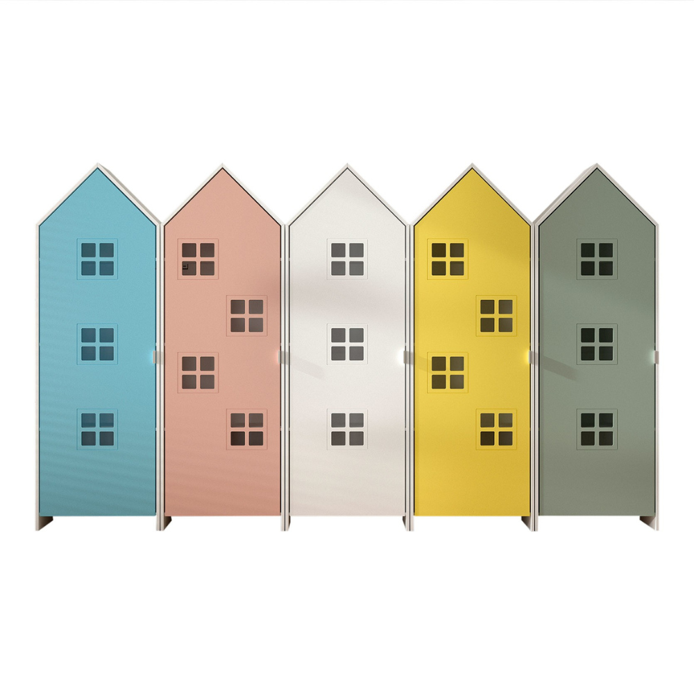 The Casami Kids 5 Door Window Wardrobe Set in Multicolour offers colours ranging from Blue, Peach, White, Yellow & Green three shelves, MDF & a hanging rail