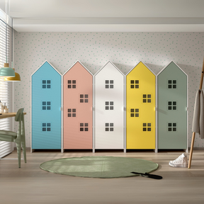 The Casami Kids 5 Door Window Wardrobe Set in Multicolour offers colours ranging from Blue, Peach, White, Yellow & Green three shelves, MDF & a hanging rail