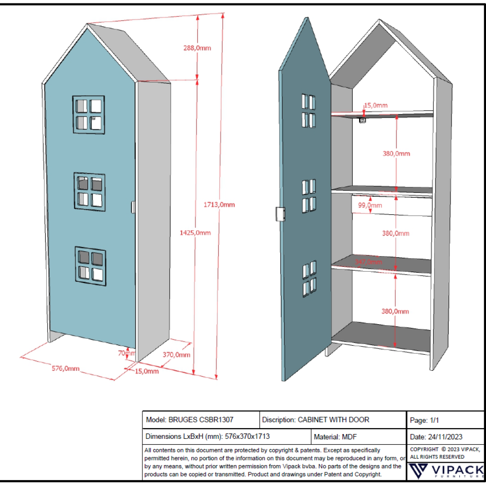 The Casami Kids Window Wardrobe in Blue Ballet offers white lacquered MDF, interior rail & shelves for clothes storage, ideal for children's or nursery room