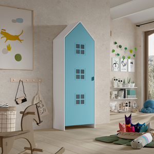The Casami Kids Wardrobe in Blue Ballet features white lacquered MDF, an interior rail and shelves for clothes storage, ideal for children's or nursery room