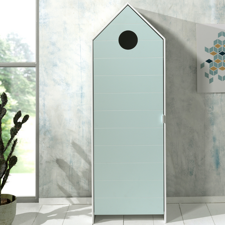 The VIPACK Casami Kids Wardrobe in Mint Green features beach house design, white frame & cozy MDF closet with shelves, adding a bold statement to kids rooms