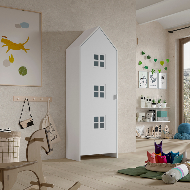 The Casami Kids Window Wardrobe in Satin White offers white lacquered MDF, interior rail & shelves for clothes storage, ideal for children's or nursery room