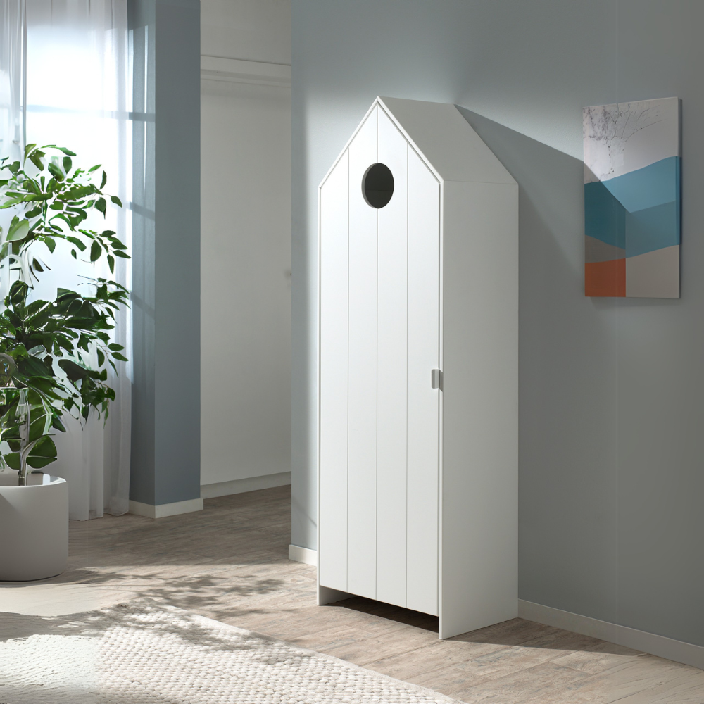 The VIPACK Casami Kids Wardrobe in White features beach house design, white frame & cozy MDF closet with shelves, making a playful and practical addition