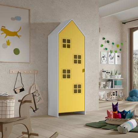 The Casami Kids Window Wardrobe in Yellow offers white lacquered MDF, an interior rail & shelves for clothes storage, perfect for children's or nursery room