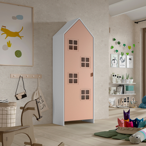 The Casami Kids Window Wardrobe in Blush Peach offers white lacquered MDF, an interior rail & shelves for clothes storage, perfect for children's rooms