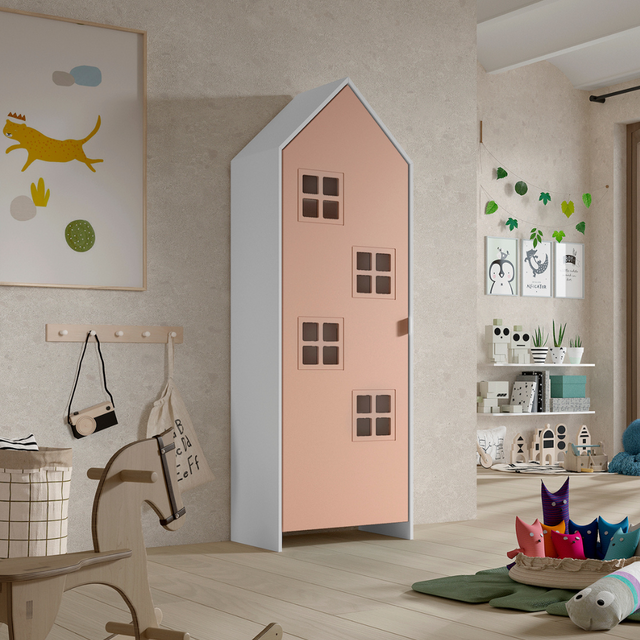 The Casami Kids Window Wardrobe in Blush Peach offers white lacquered MDF, an interior rail & shelves for clothes storage, perfect for children's rooms