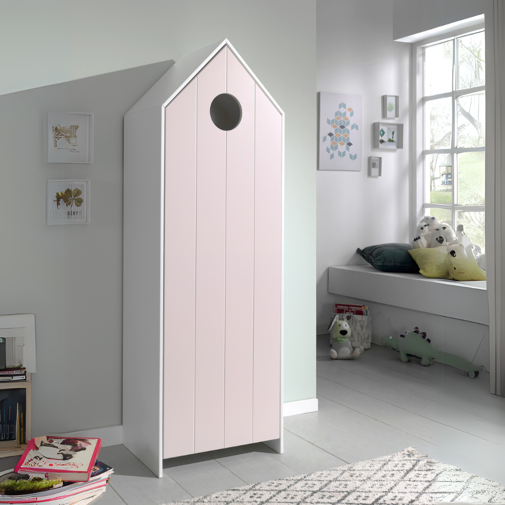 The VIPACK Casami Kids Wardrobe in Old Pink features beach house design, white frame & cozy MDF closet with shelves, making a playful and practical addition