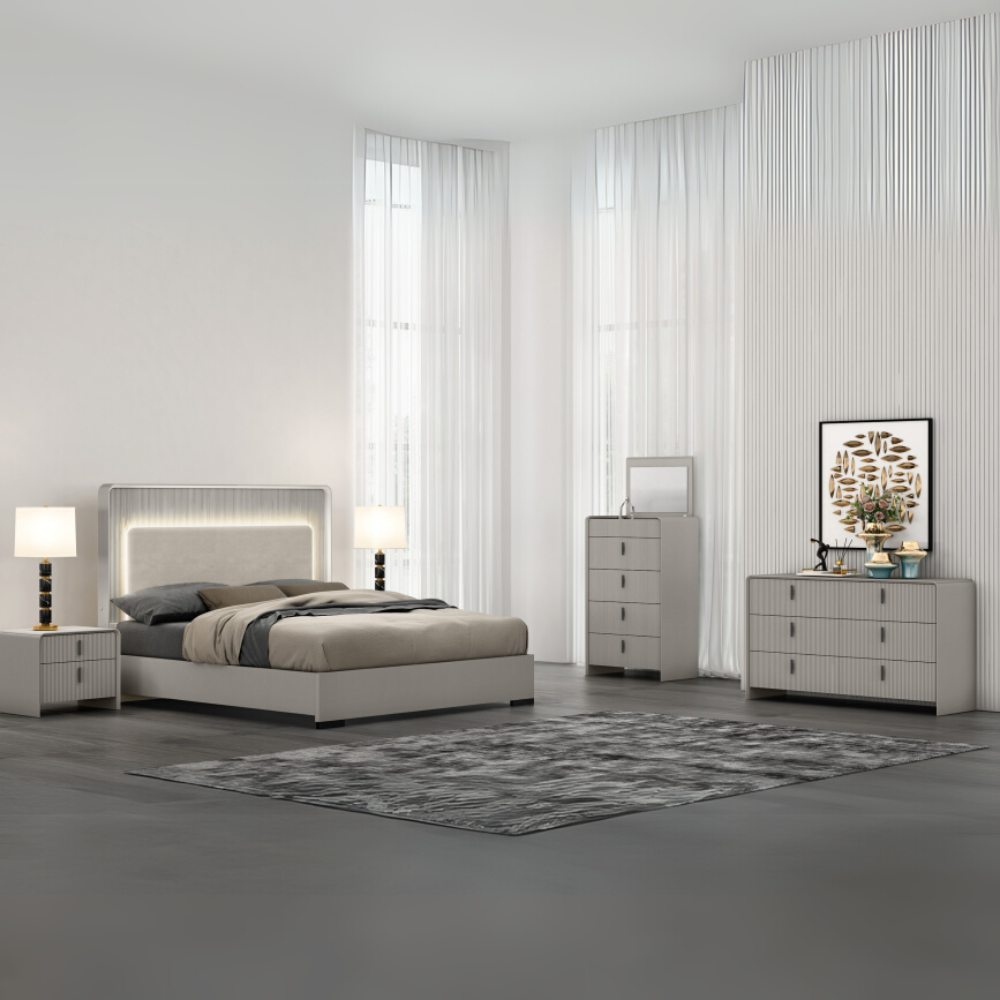 The Cavelli 5ft Bed in Flannel Grey showcases an LED-illuminated headboard, a plush platinum cushion and a robust and stylish frame.