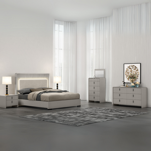 The Cavelli 5ft Bed in Flannel Grey showcases an LED-illuminated headboard, a plush platinum cushion and a robust and stylish frame.
